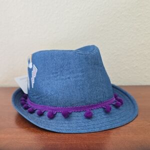 Blue Fedora Hat with Purple Pom-Pom Trim